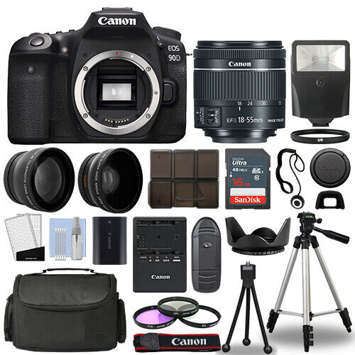 Canon EOS 90D DSLR Camera Body + 3 Lens Kit 18-55mm IS STM + 16GB + Flash &  More 608410042339