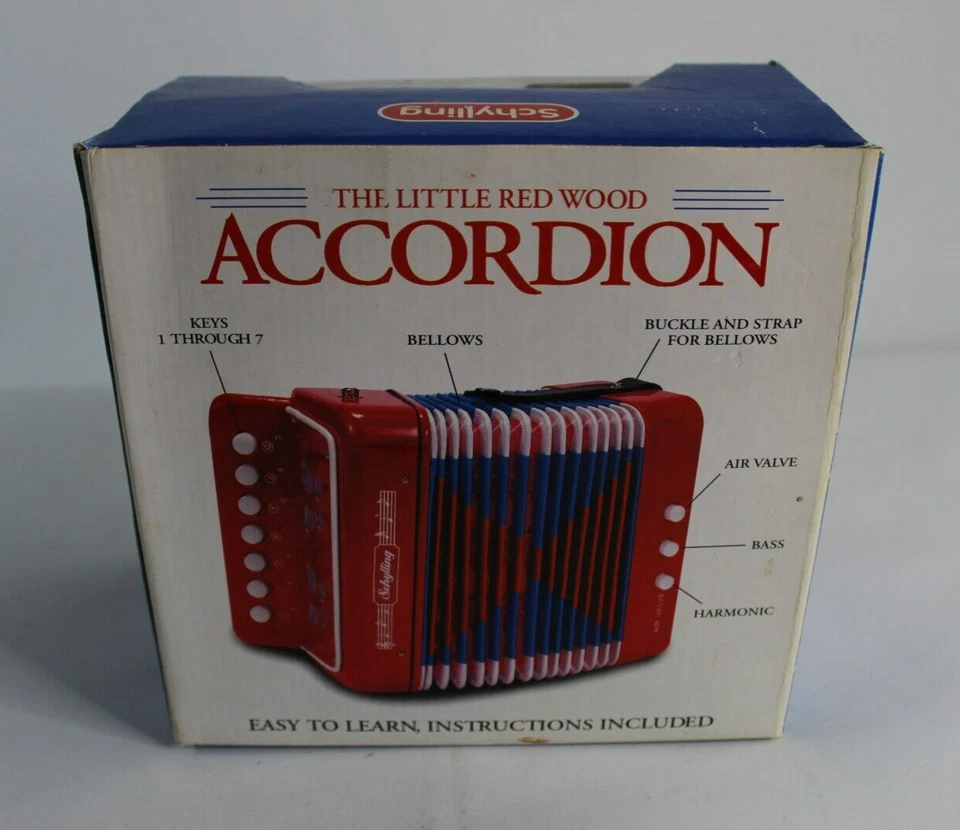 2003 Schylling маленький красный аккордеон в коробке! 7 клавиш ПРОВЕРЕНО ИГРАЕТ ОТЛИЧНО Б/У В ОТЛИЧНОМ СОСТОЯНИИ - Изображение 3 из 4