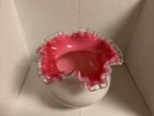 Vintage Fenton Art Glass PINK AND WHITE Ruffled Bowl