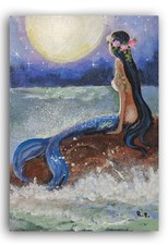 arte originale, Sirena sulle rocce,..pannello tela 5x7