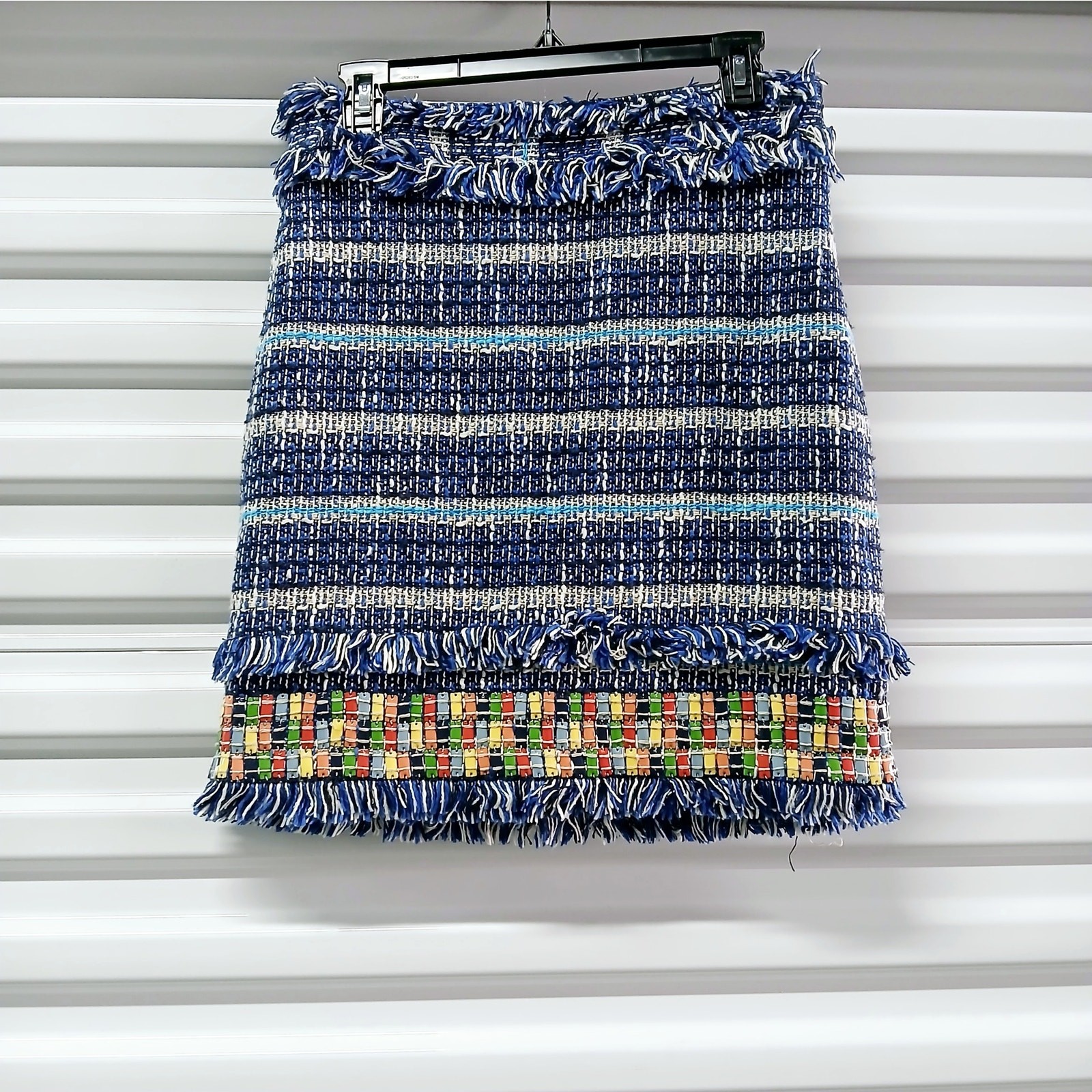Tory Burch Normandy Blue Nora Skirt Women's 2 Tweed Fringe Artsy Boho Luxury  thumbnail 2