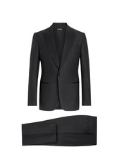  3,990 ZEGNA - Solid Black Wool Peak Lapel Tuxedo - 46R
