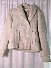 Billabong Cropped Wool Tweed Pea Coat Sz Medium White Lined, Beach Lux