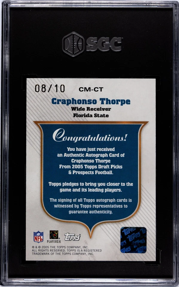 2005 Topps Draft CM-CT Craphonso Thorpe Gold 8/10 RC SGC 8 Auto 10 FSU  - Image 2 of 2