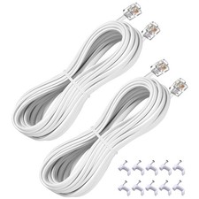 25FT Telephone Extension Cord Cable RJ11 6P4C Plugs Cable Clips White 2 PCS