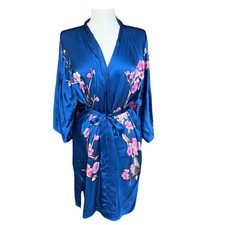 Navy Blue 100 Silk Robe Kimono Style Short Cherry blossom Print Small