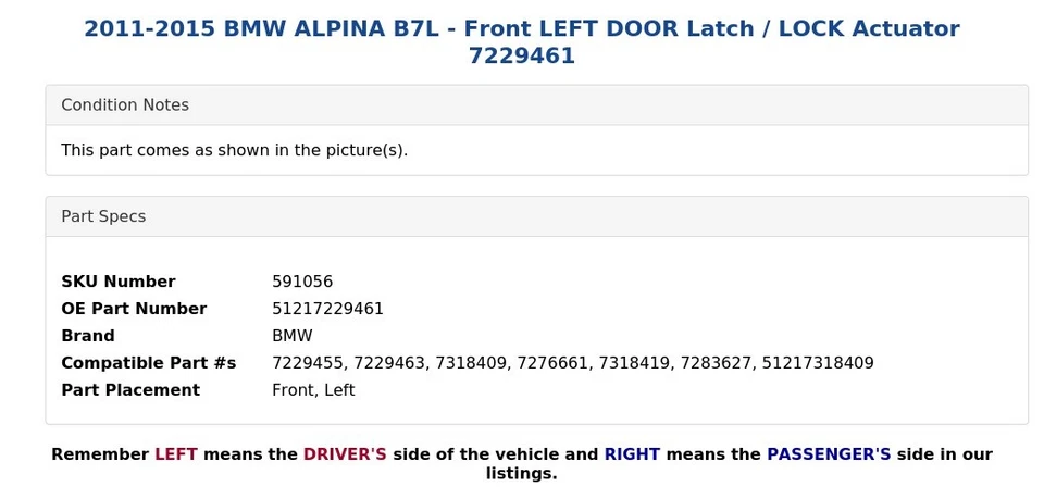 BMW ALPINA B7L 2011-2015 - Pestillo de puerta delantera izquierda / Actuador de bloqueo 7229461 Foto 4 de 4