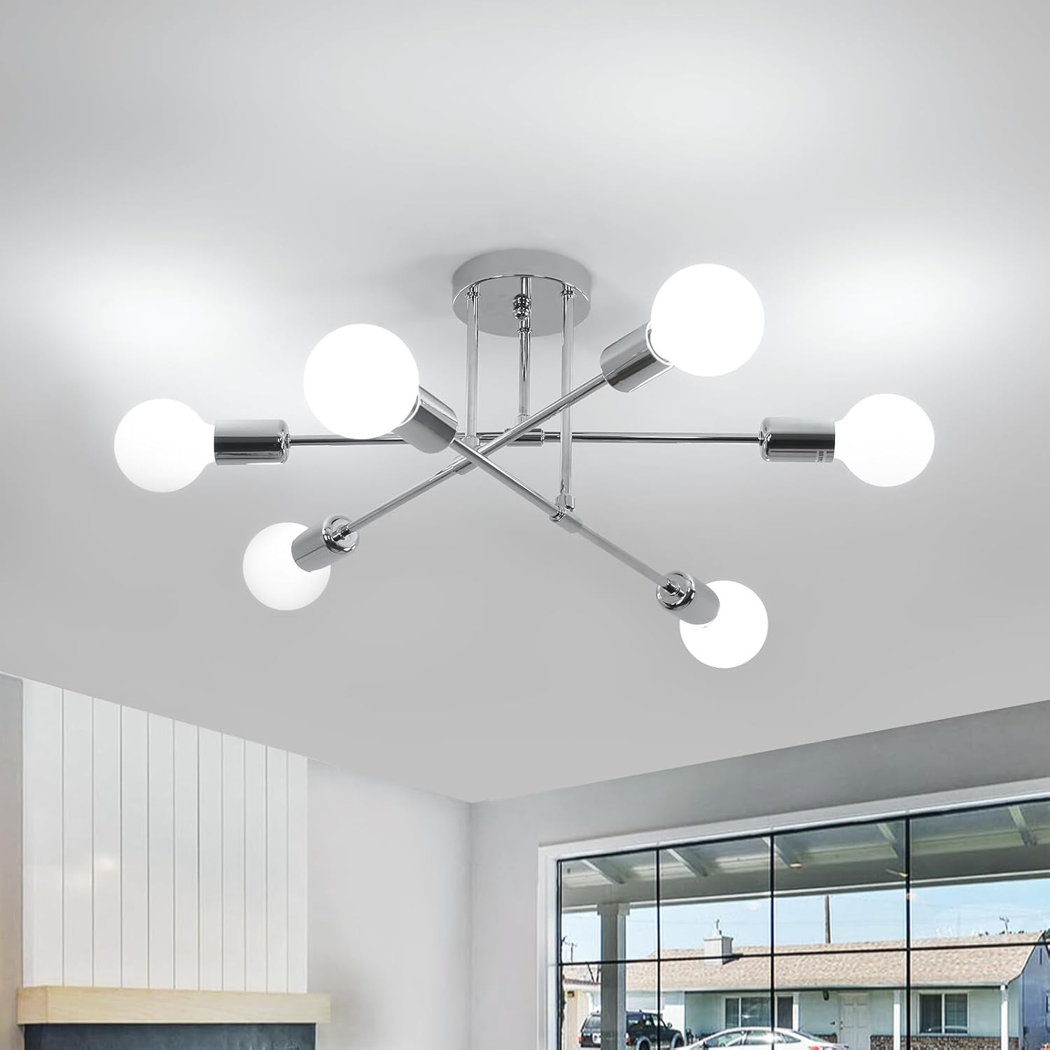 Lampadario Soffitto 6 Luci E27 Design Moderno Cromo | Plafoniera Vintage