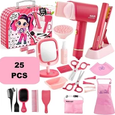25 PCS - Hair Salon Toys for Girls, Pretend Salon Set With Suitcase, Pink