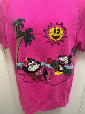Vintage Disney Mickey And Minnie Hot Pink 3 D Raised Design Sz L Sunday Comics