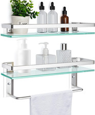 Set of 2 Glass Bathroom Shelves with Bar, Wall Mounted 15.7 X 4.7 Inches, Bathro
