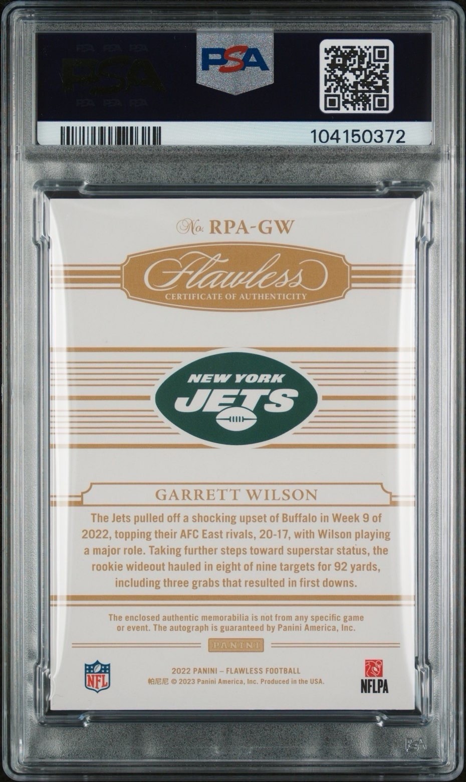2022 Panini Flawless Garrett Wilson Patch Auto Rookie Card /20 PSA 9 #RPA-8 view 2