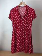 Women's Red and White Floral Button Up Mini Dress Size 8 UK
