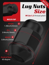 20 M12x1.5 35mm 1.4" Lug Nut Black Closed End Bulge Acorn Set 12mmx1.5 3/4"