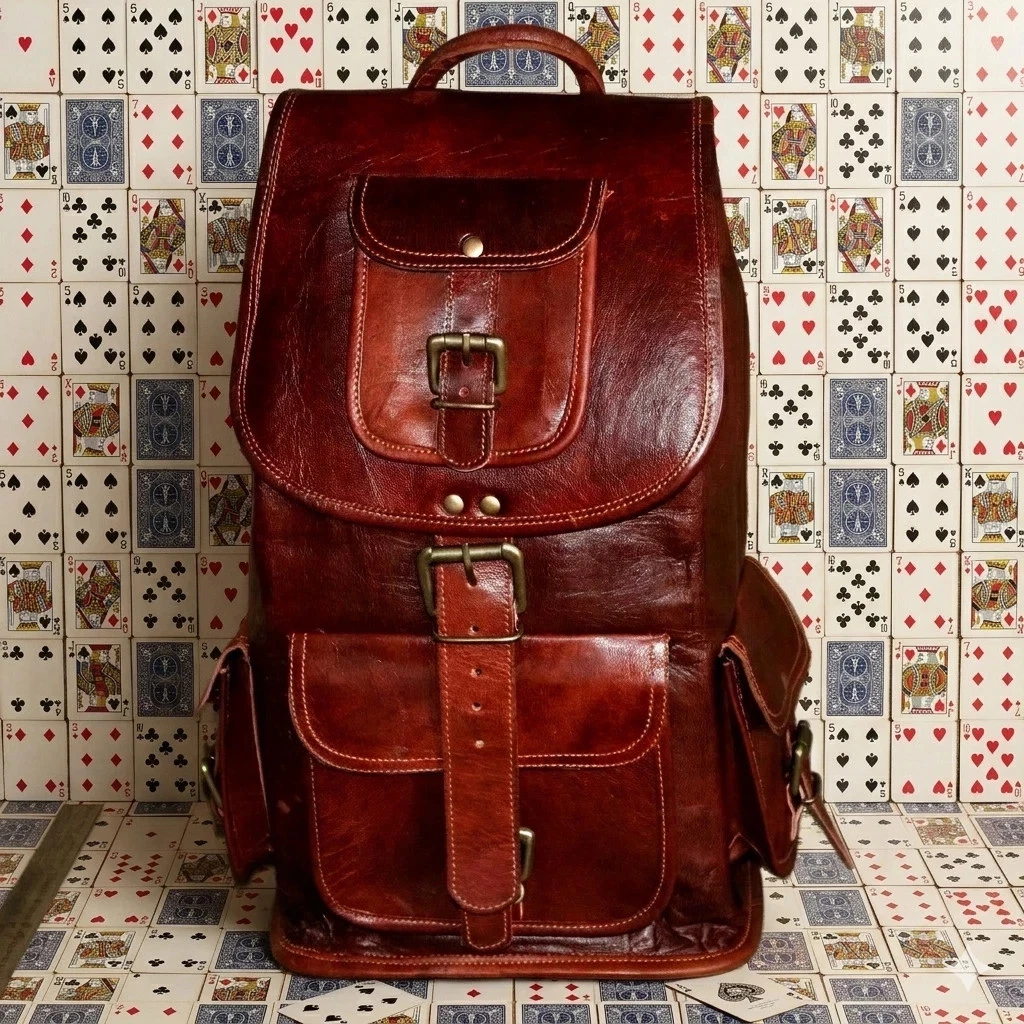 Men’s Genuine Goat Leather Travel Rucksack Shoulder Backpack Bag Best Quality