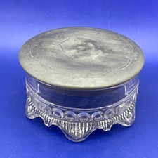 Vintage Pressed Glass Trinket Box Embossed Pewter Lid Vanity Jar 4.5" Wide