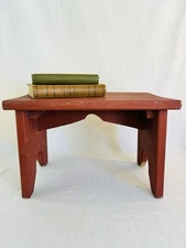 Vintage Small Rustic Red Wood Stool Country Farmhouse Cottagecore Style