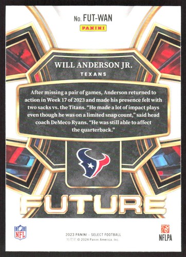 2756H 2023 Panini Select #FUT-WAN Will Anderson Jr. Select Future - Picture 2 of 2