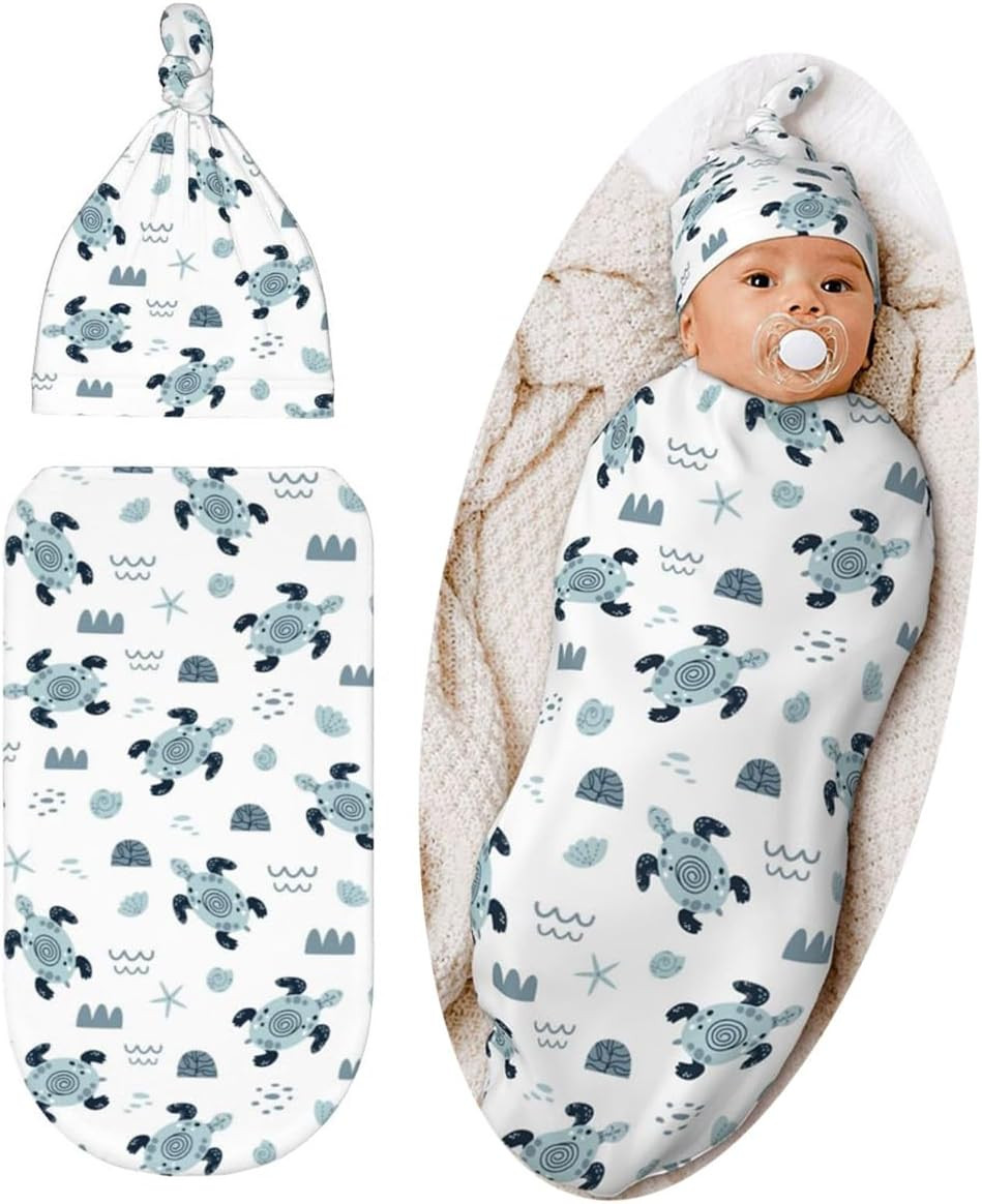 Sea Turtle Baby Stuff Swaddle Blanket Set with Beanie Hat for Boys and Girls, So