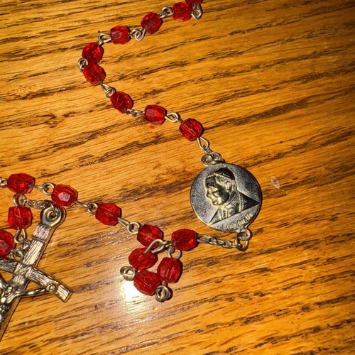 Pope John Paul II Rosary: Red Glass Beads w Silver Chain 22" - Picture 5 of 8