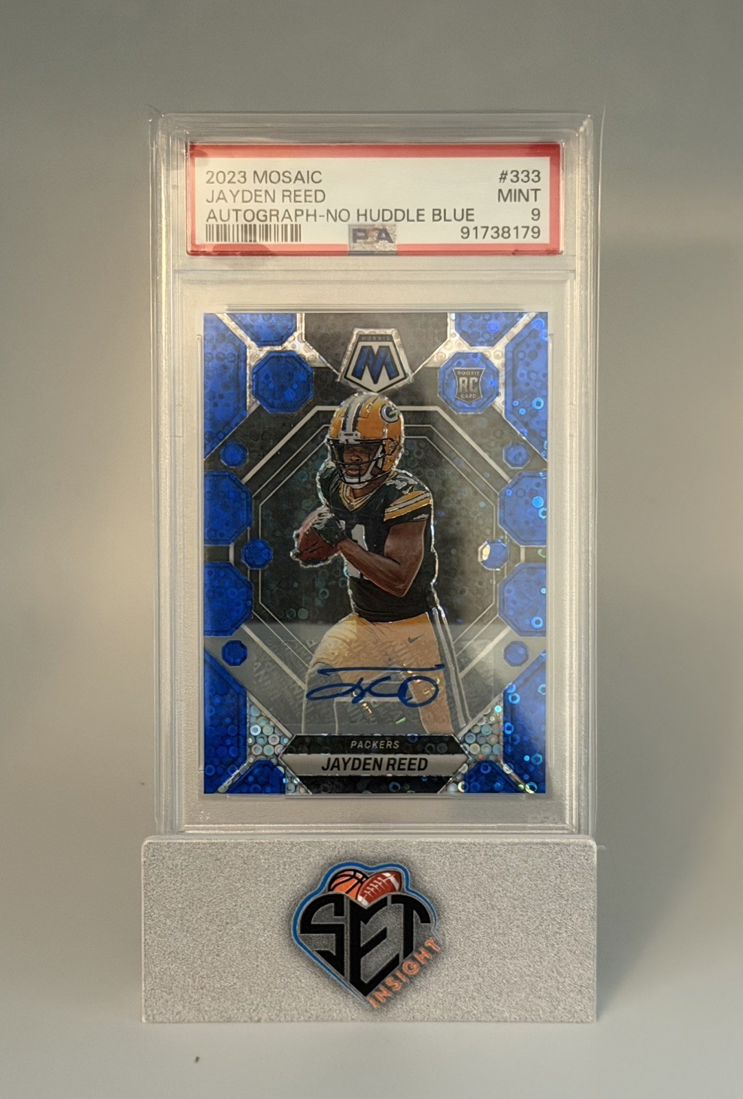 2023 Panini Mosaic - Jayden Reed No Huddle Blue Rookie Auto PSA 10