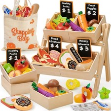 Wooden Play Food Set Cutting Toys Grocery Store Shelf Kids Kitchen Pretend 78