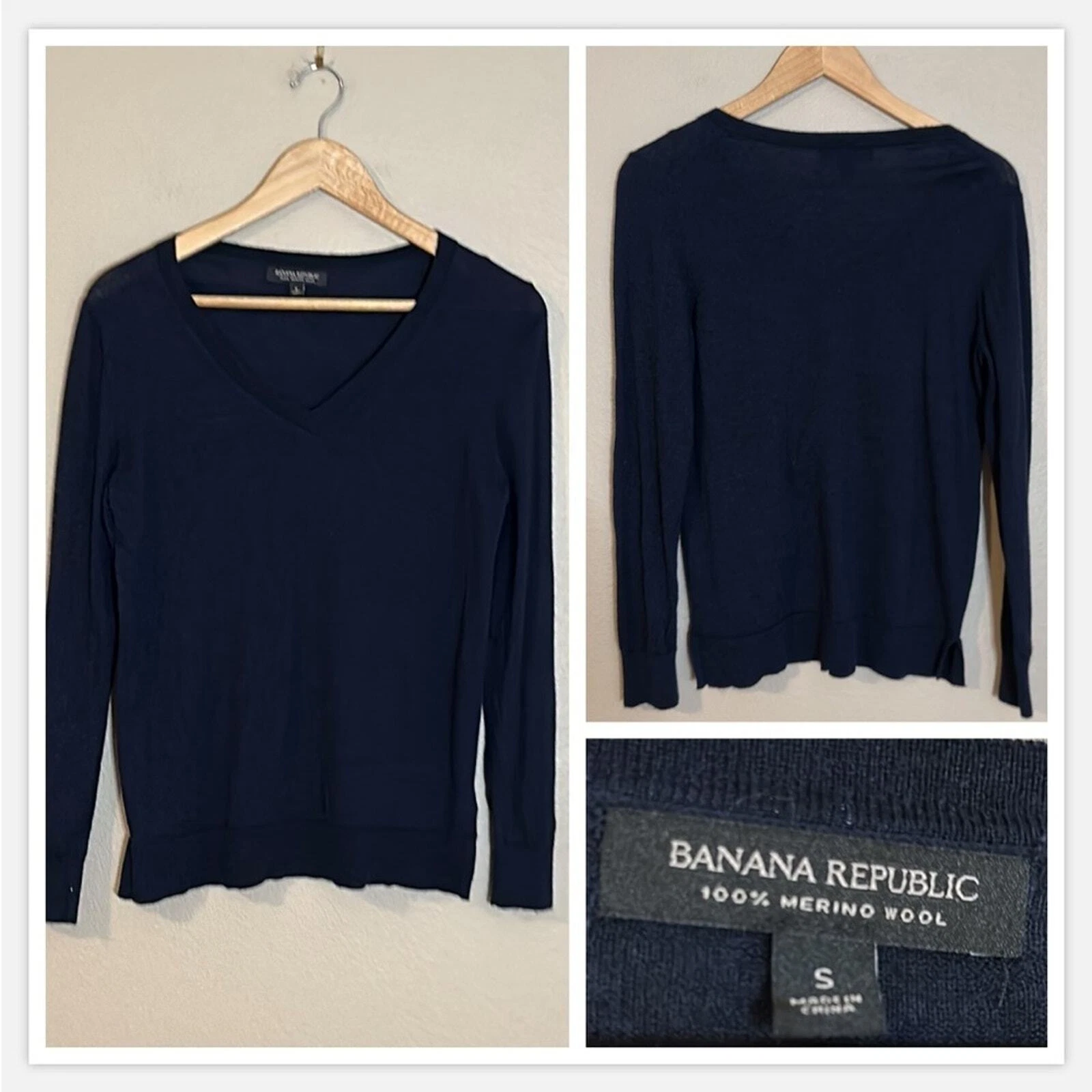 Banana Republic 100% Merino Wool Sweater Dark Navy Blue V-Neck Pullover Sm
