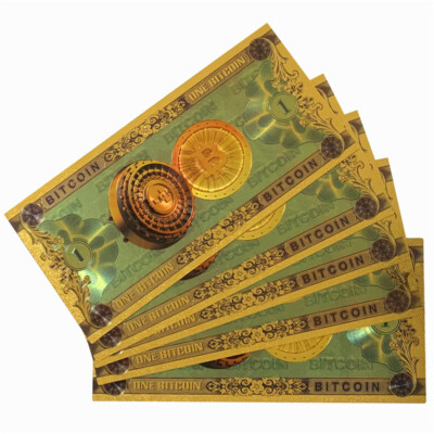 Eine Bitcoin BTC Foliennote. 24 Karat Blattgold Bitcoin Sammlerstück Kryptowährung