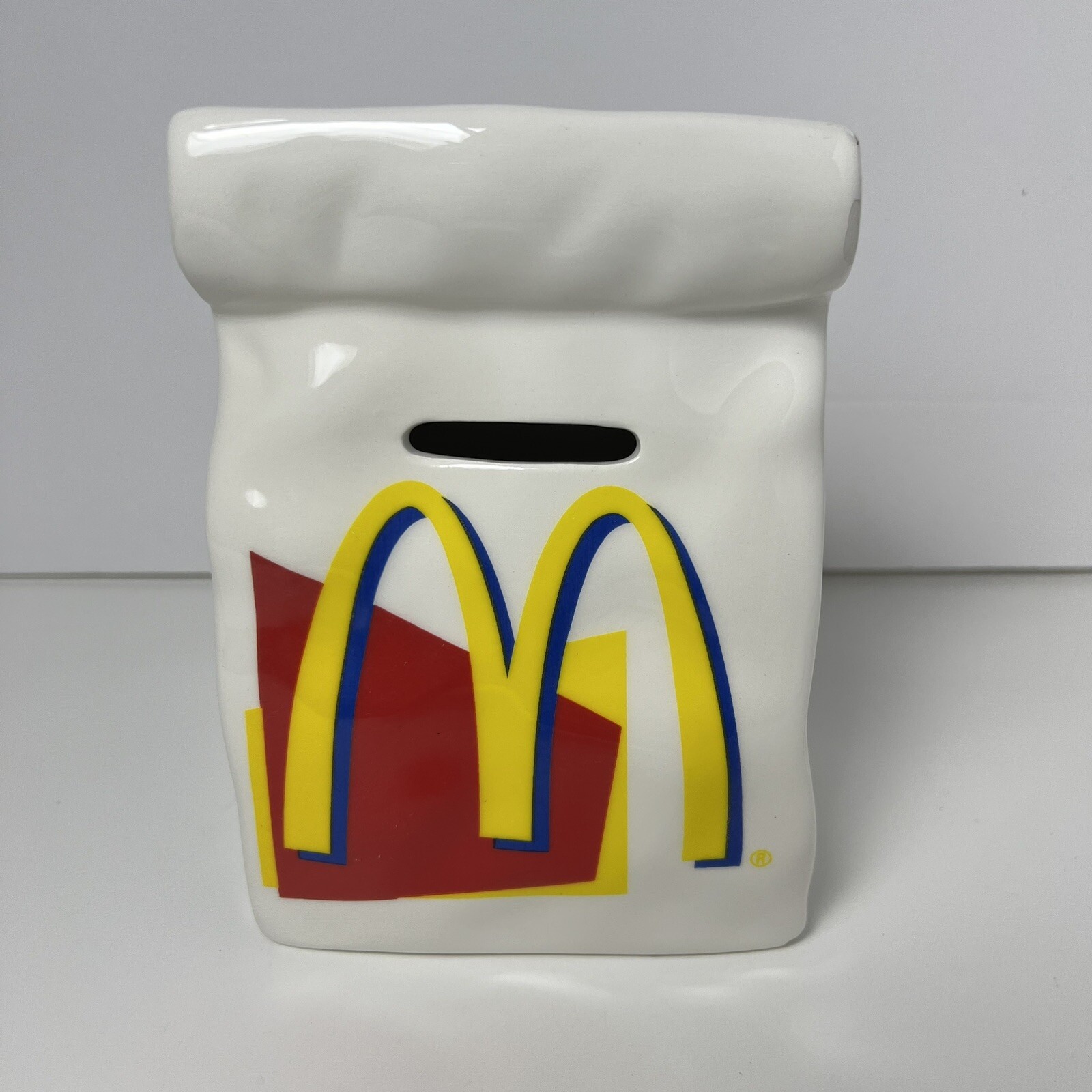 Vintage 90's Mcdonald's Ceramic Collectible Paper To Go Bag Coin Bank Rare