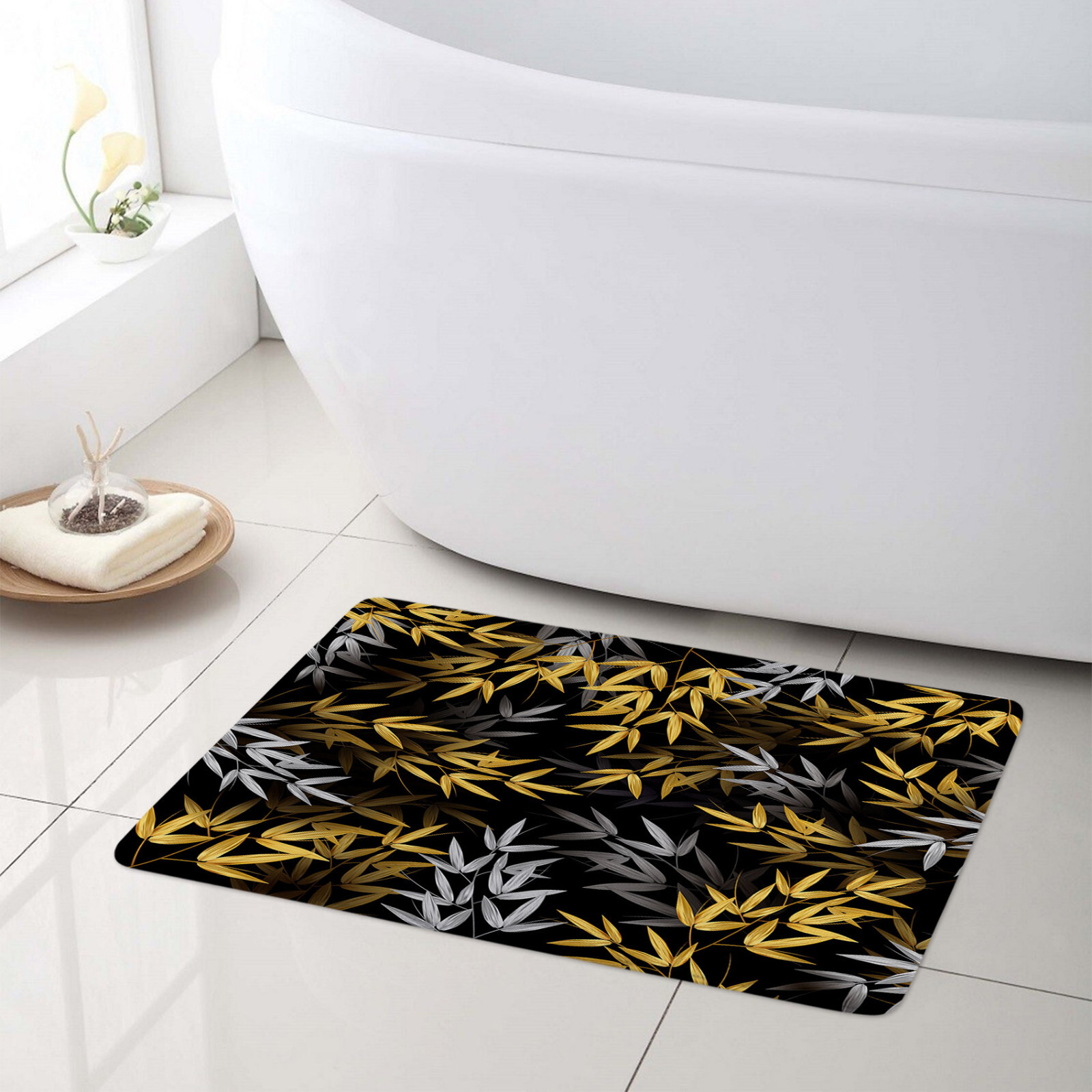 Gold and Grey Botanical Leaf on Black Shower Curtain Set for Bathroom