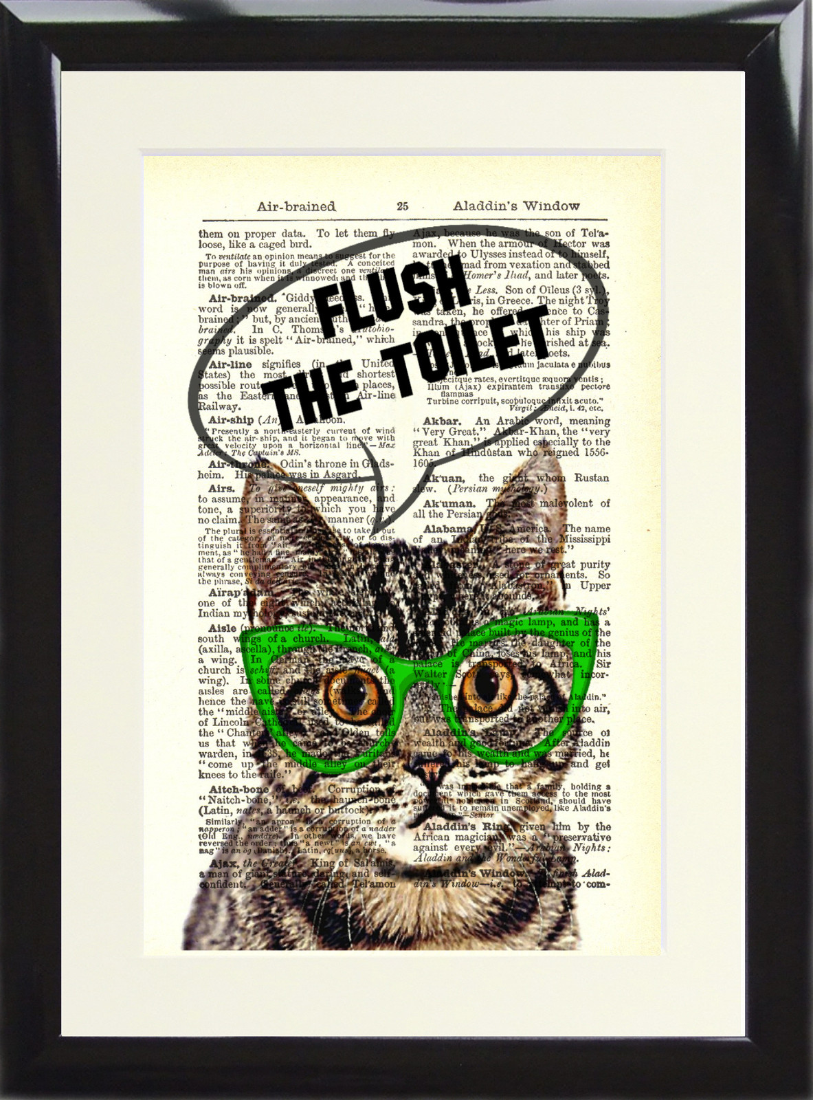 Cat Green Glasses Flush The Toilet Art Print Antique Dictionary Page