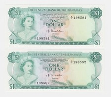 BAHAMAS $1 One Dollar 1974 P35a GEM UNC CONSECUTIVE PAIR Serial Rare