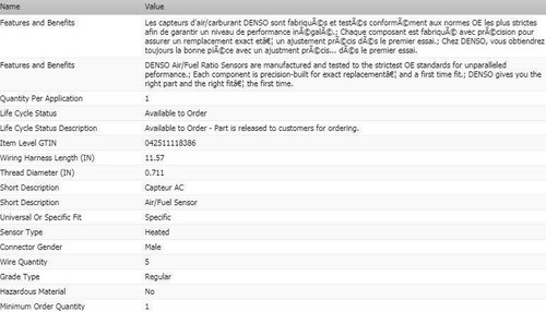 Oxygen Sensor Air/Fuel Ratio Upstream Right DENSO for 2015 FORD TRANSIT-150 - Picture 2 of 6