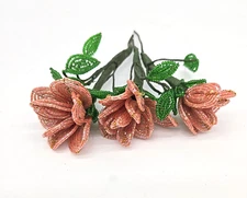 Vtg French Beaded Pink Flower Rose 3 Stems Seed Bead Leaves Handmade Poseable