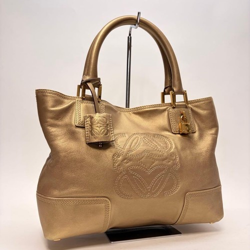 LOEWE Fusta Metallic Leather Tote Bag Gold Authentic Vintage with Gusset