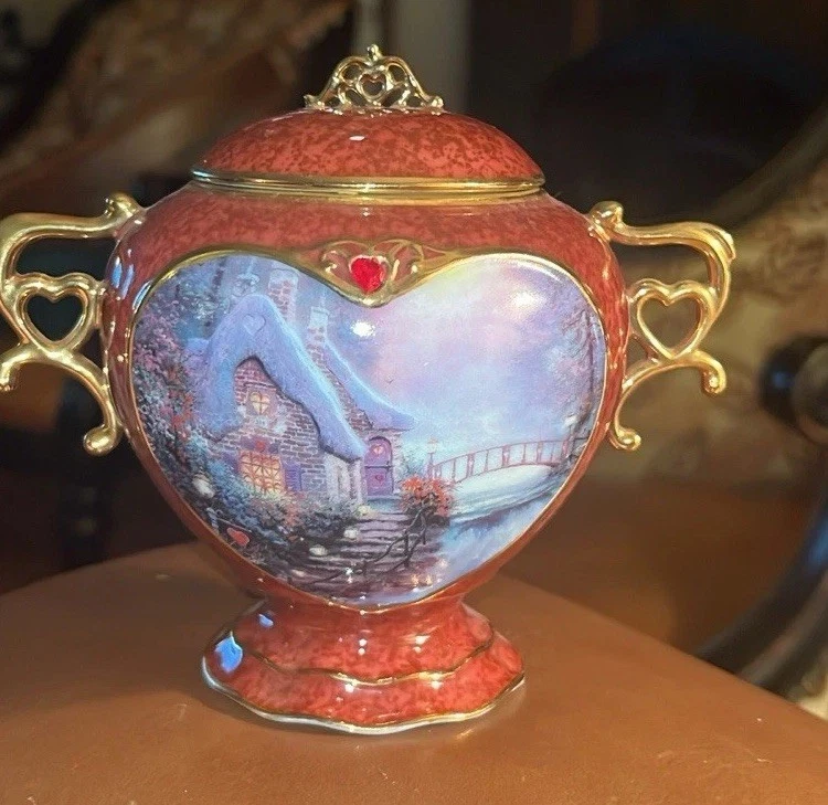 Caja de música Thomas Kinkade "Sweetheart Cottage" jarrón vintage asas doradas lim. Ed Foto 2 de 4