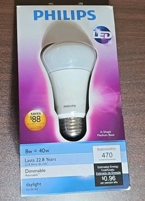 Philips LED A Shape 8W = 40W Dimmable Daylight 470 Lumens Discontinued Med Base