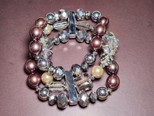 Costume Jewelry Beaded Stretch 3-Strand Bracelet Pearl Bronze Rose Gold Crystal