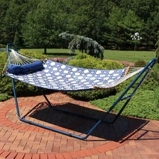 2-Person Quilted Fabric Hammock with Blue Steel Stand - Navy/Gray by Sunnydaze