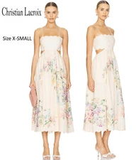 Christian Lacroix Peach Floral Multicolor Cut Out Back Scallop Midi Dress