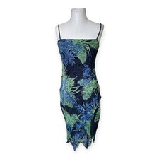 Vintage 90s Y2K Eva Blue Beaded Tropical Print Slip Dress S Fairycore Ethereal