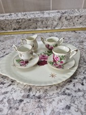 Dollhouse Miniature Tea Set Pink Roses Gold Trim Tray Cups Creamer Sugar Ceramic