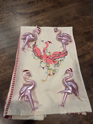 Christmas Flamingo Decor: Embroidered Hand Towel, 4 Ornaments