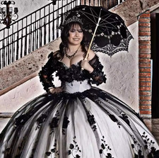 3D Flowers Appliqued Black Gothic Quinceanera Dresses Long Sleevess Ball Gowns