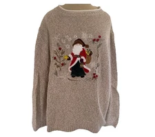 CJ Banks Womens Plus Christmas Sweater 2X Old World Santa Tan Knit Cowl Neck