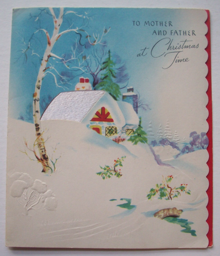 Snowy cottage cabin  embossed vintage Christmas greeting card *WW13 - Picture 1 of 3