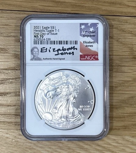 2021 Silver Eagle NGC MS70 Elizabeth Jones Signed - First Day Of Issue FDI