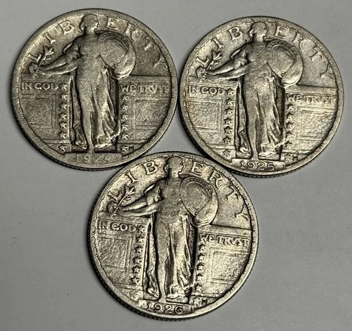 Fine 1924-P 1925-P 1926-P Standing Liberty Silver Quarters,  Coin 25c Set Lot