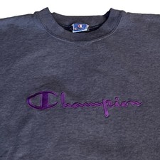 Vtg 90s Champion Purple Script Spellout Logo Sweatshirt Blue USA Made Size XL