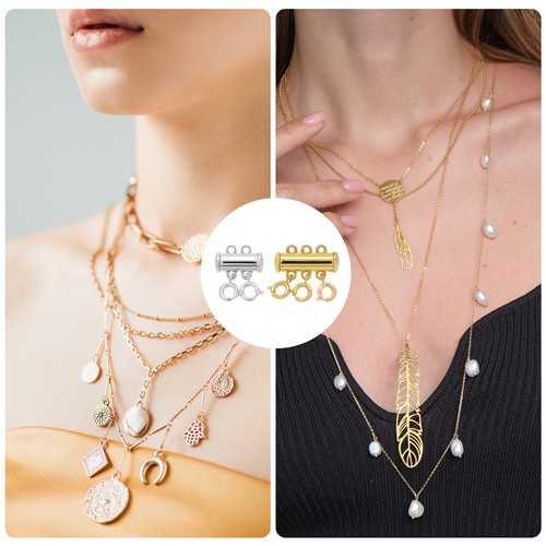 2Pcs Layering Necklace Clasps 2 & 3 Strands Slide Tube Lock Clasp, Silver & Gold - Picture 5 of 6